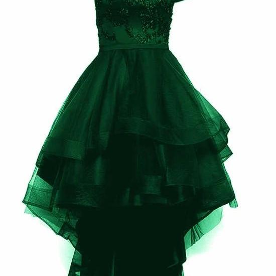 Fashionable Dark Green High Low Tulle With Lace Dress, Green