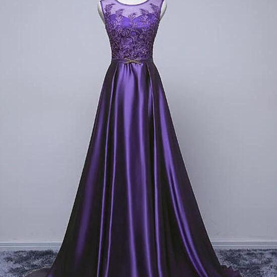 Beautiful Purple Long Round Neckline Prom Dress, Satin Wedding Party Dress N096
