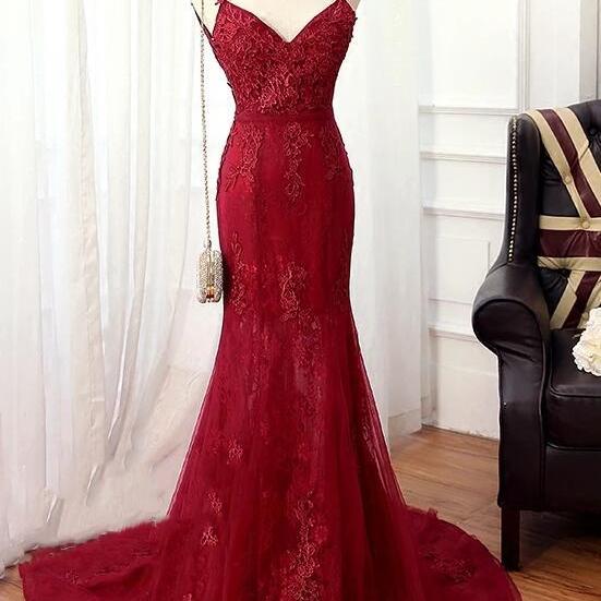 Elegant Burgundy Mermaid Lace Prom Dresses, Wine Red Evening Gowns N098
