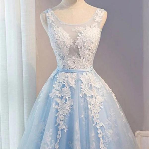 Lovely Hand Made Light Blue Knee Length Homecoming Dress Evening Short Prom Dresses F93