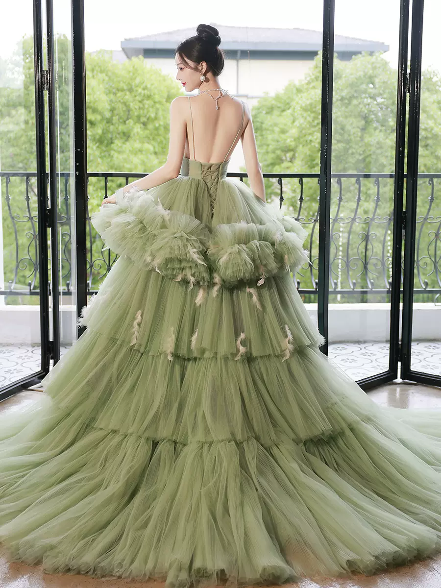 Green Ball Gown Long Train Prom Dress Evening..