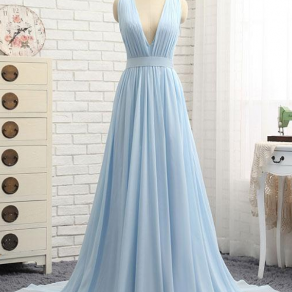 Hand Made Simple blue v neck chiffon long prom dress evening dress SS669