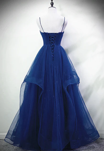 Blue A-line Straps Tulle Layers Long Evening Party..