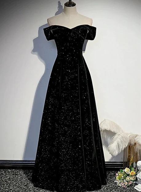 Black Velvet Off Shoulder Long Party Dress, Black..