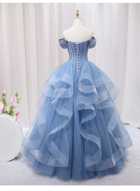 Blue Beaded Off Shoulder Tulle Long Formal Dress,..