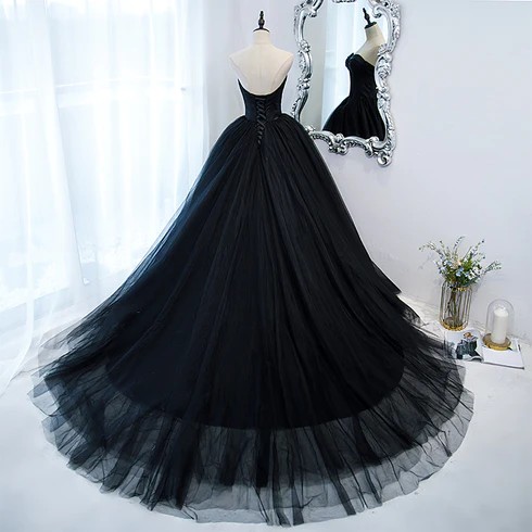 Black Ball Gown Sweetheart Satin And Tulle Formal..