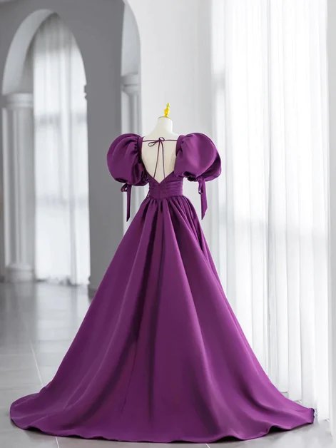 Purple Satin Puffy Sleeves Long Party Dress, Dark..