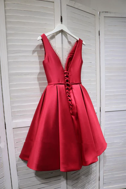 Red Satin V-neckline Knee Length Homecoming Dress,..