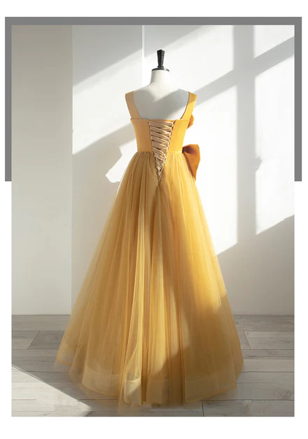 Yellow Tulle Long Party Dress With Bow, Yellow..