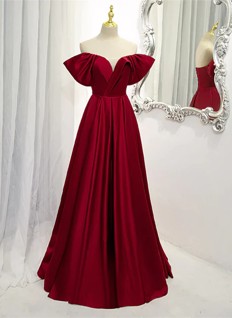 Wine Red Satin A-line Floor Length Party Dresses,..