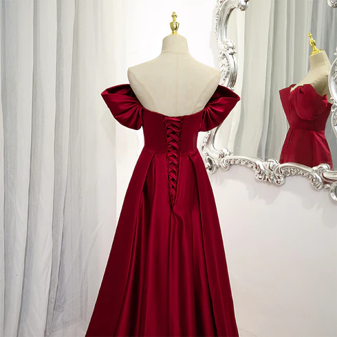 Wine Red Satin A-line Floor Length Party Dresses,..