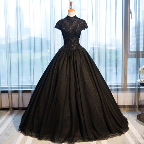 Black High Neck Black Wedding Dresses Cap Sleeves Applique Lace Beading Corset Ball Gown Wedding Dress Gothic Bridal Gown SS886