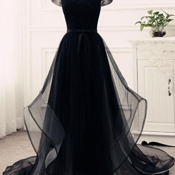 Black prom dress tulle party dress sweetheart neck off shoulder prom dress customize long ruffles evening dresses SS887