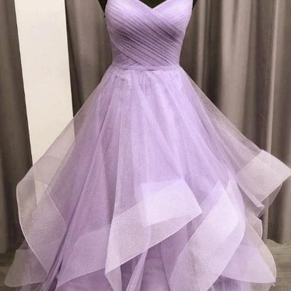 Purple tulle long A line prom dress evening dress ball gown SS889