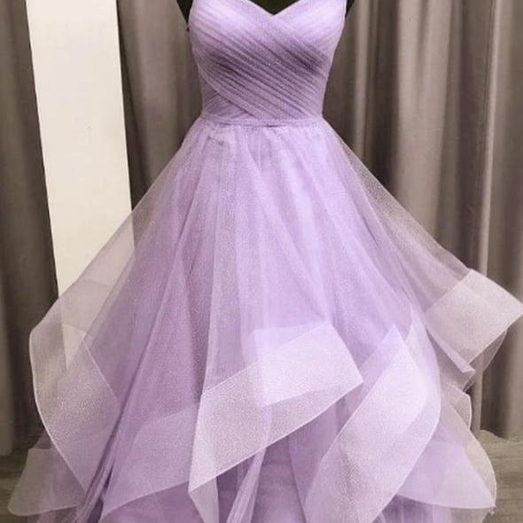 A-Line Purple Evening Dress Long Prom Dress Tulle Lace Prom Dresses