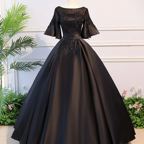 Black round neck satin lace long prom dress Evening Dress sweet 16 dress SS906
