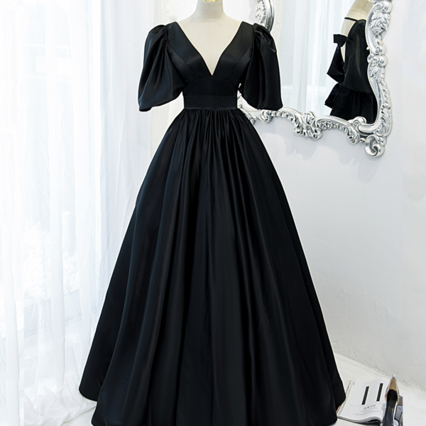 Classic Black Satin V Neck A-Line Floor Length Prom Gowns SS941