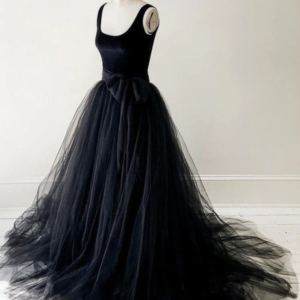 Black Sequare Neck Sleeveless Velvet Tulle Long Evening Party Prom Dresses SS943