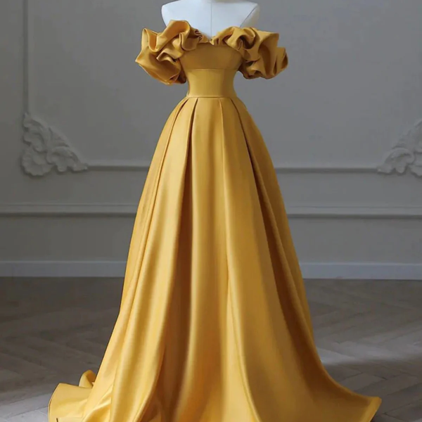 Luxurious Gold Gown With Puffy Sleeves
