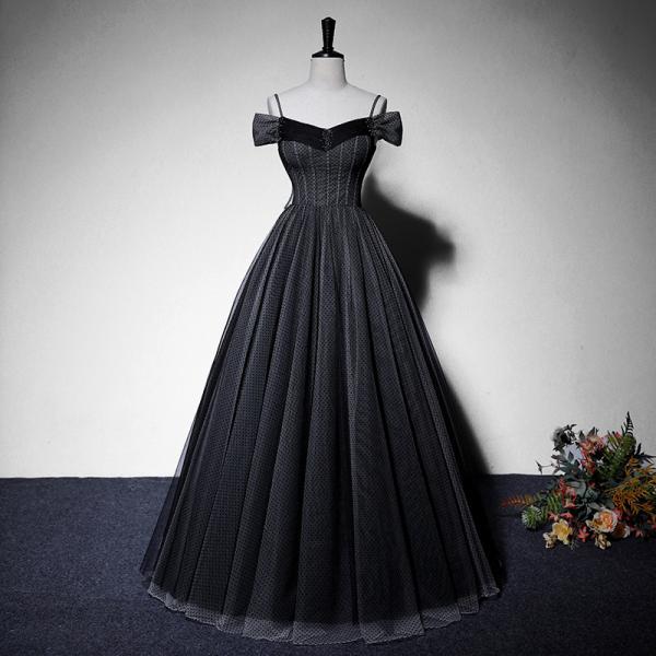Black Tulle Sweetheart Beaded Straps Long Formal Dress, Black Long Prom Dress main image 0