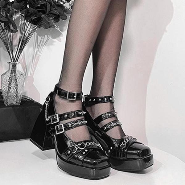 TAVIMART  -  bowtie pearl rivets pumps women thick high heels lolita shoes square toe ankle strap mary janes brogues women leather derby