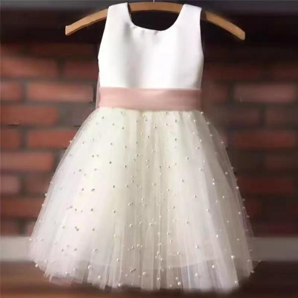 Kids Pearls Tulle Girl Pageant Dresses Sashes Flower Girl Dress Chiffon Bow Sashes First Communion Dress Little princess Dress FK104