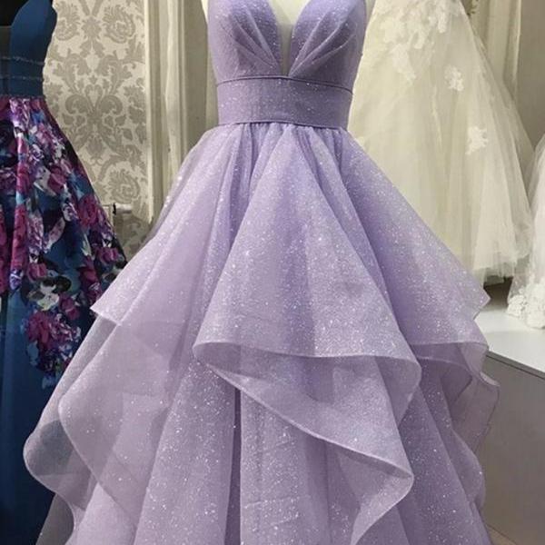 Lavender Shiny Tulle Straps Long Evening Gown Formal Dress Light Purple Prom Dresses SA1231