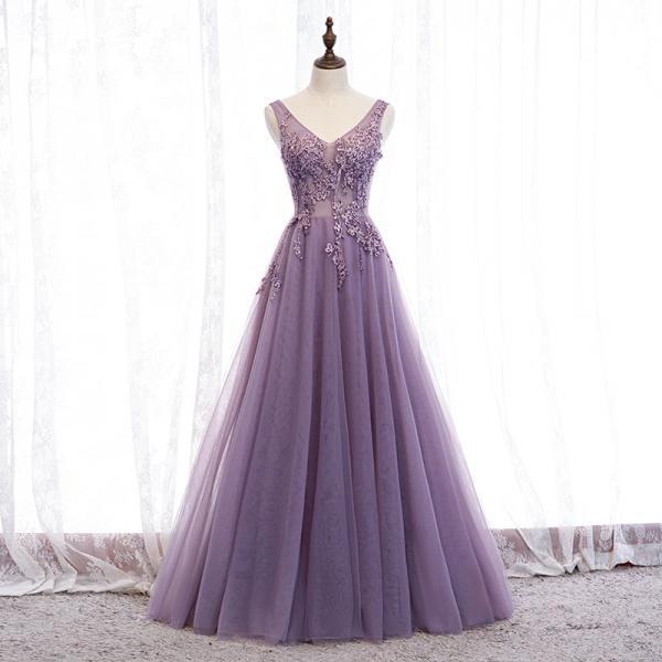 V Neck Full Length Prom Dress Lace Applique Evening Dress SA1899
