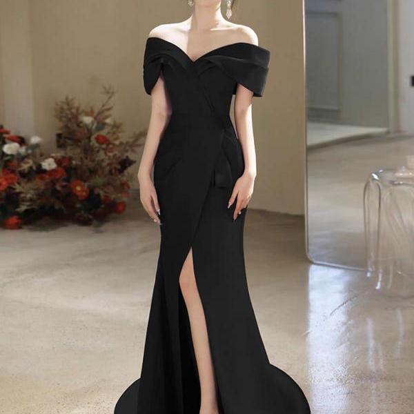 Modest Mermaid Off The Shoulder Black Satin Long Prom Dresses main image 0