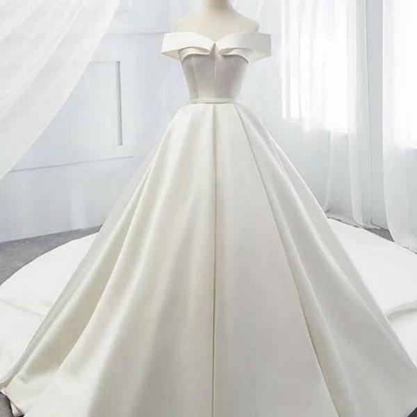 Simple white satin long prom dress, retract your waist evening dress main image 1