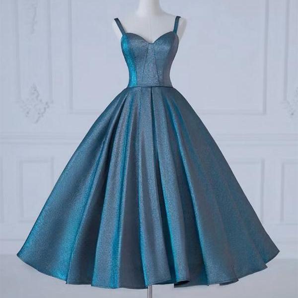 French Vintage Blue Floral A-line Square Neck Puff Sleeve Satin Tea-Length Prom Dress cc5264
