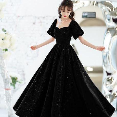 Black Velvet Short Sleeves A-line Lace-up Party Dress Formal Long Wedding Party Dress SA2247