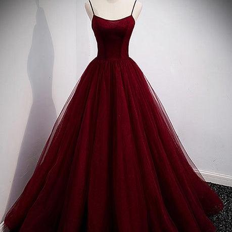 Wine Red Tulle Straps Long Evening Dress Party Dress Formal Prom Dress SA2248