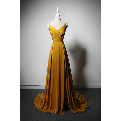 Goleden V-neckline Straps Long Party Dress with Leg Slit Formal Evening Dress Prom Dress SA2298