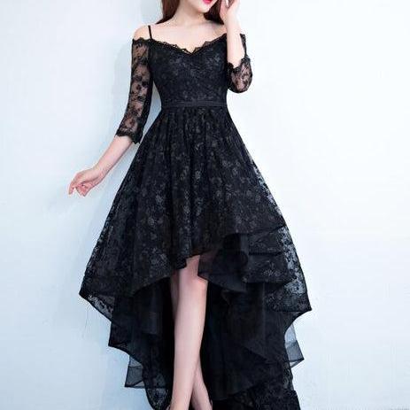 Black Lace V-neckline Straps High Low Party Dress Homecoming Dress Formal Dress SA2299