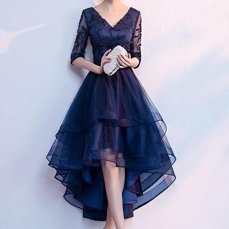 Navy Blue Lace and Tulle Layers V-neckline High Low Party Dress lace Up Back Formal Short Prom Dress SA2300