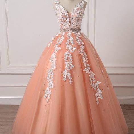 Gorgeous Coral Tulle High Quality V-neck Lace Appliques Beads Party Dress Long Formal Dress SA2307