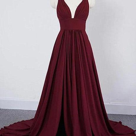 Wine Red Chiffon High Slit Long Party Dress Formal Long Straps Bridesmaid Dresses SA2308