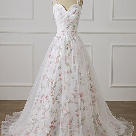 White Floral Beaded Straps Long Formal Dress A-line Floor Length Floral Prom Dress SA2309