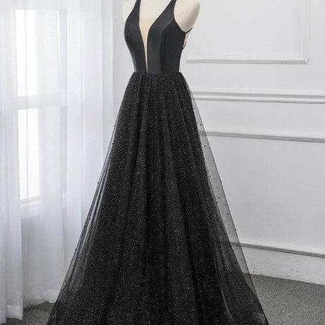 Black V-neckline Tulle and Satin Long Straps Cross Back Prom Dress Formal Floor Length Evening Dress SA2310