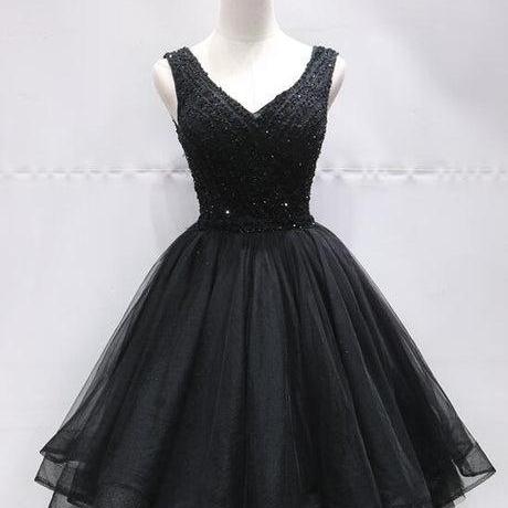 Black Tulle V Back Beaded Knee Length Homecoming Dress Formal Short Party Dress SA2319