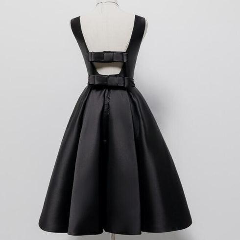 Black Satin Knee Length Round Neckline Party Dress Formal Short Prom Dress SA2320