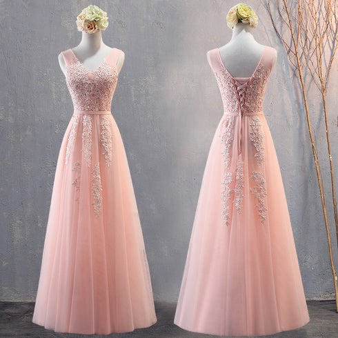 Pink Tulle Simple Party Dress with Lace, V-neckline Long Formal Dress SA2323