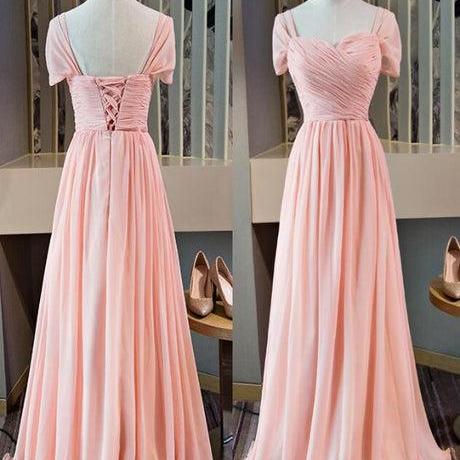 Pink Chiffon Cap Sleeves Long Bridesmaid Dress Floor Length Pink Formal Party Dress SA2325