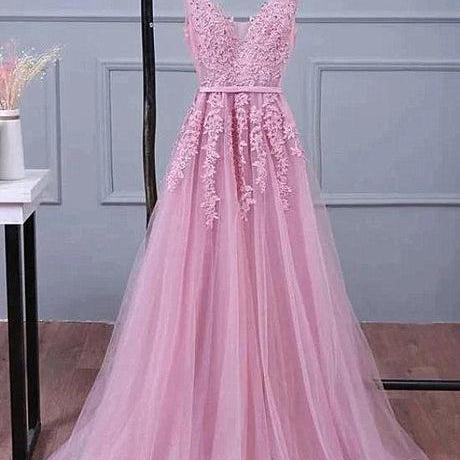 Pink V-neckline Long Party Dress Formal Dress Tulle Bridesmaid Dress SA2343