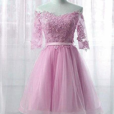 Pink Knee Length Short Sleeves Party Dress Formal Tulle Prom Dress SA2345