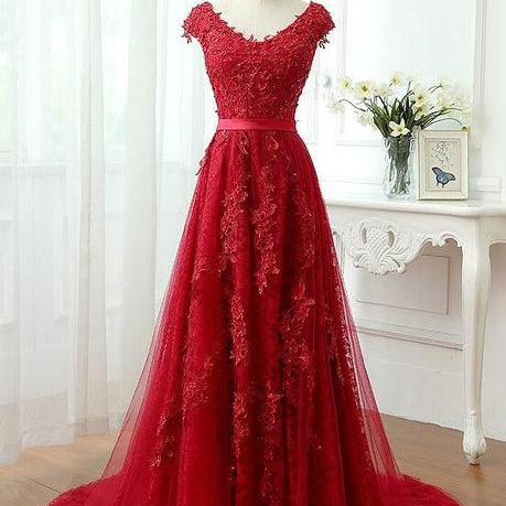 Red Lace A-line Long Prom Dress Formal Dress Beautiful Red Evening Gown SA2347