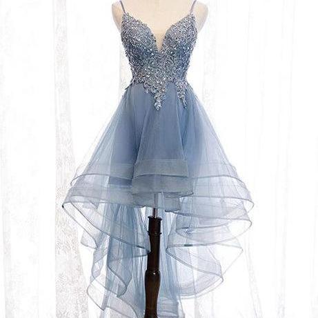 Blue High Low Tulle V-neckline Straps Party Dress with Lace Formal Cute Homecoming Dress SA2350