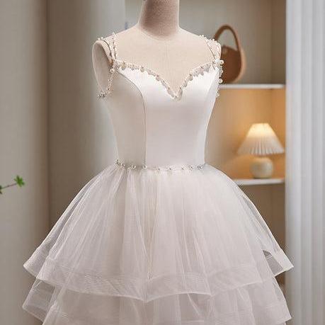 White Short Tulle Beaded Graduation Dress Prom Dress Formal Dress SA2369