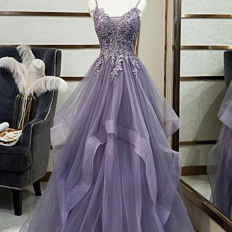 Purple Tulle Layers Long Formal Gown, Lace Applique Formal Top Party Dress SA2395